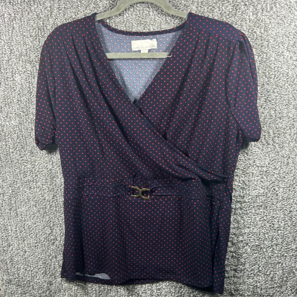 Carolyn Taylor Blouse‎ Navy Blue Red Polka Dot Wrap Buckle Women XL